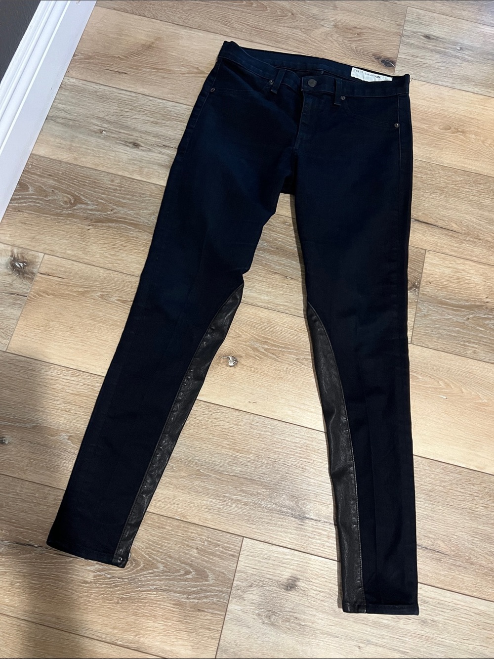 rag & bone, size 30, Black (color: Midnight) Skinny Jeans w/ Leather-Look Inset